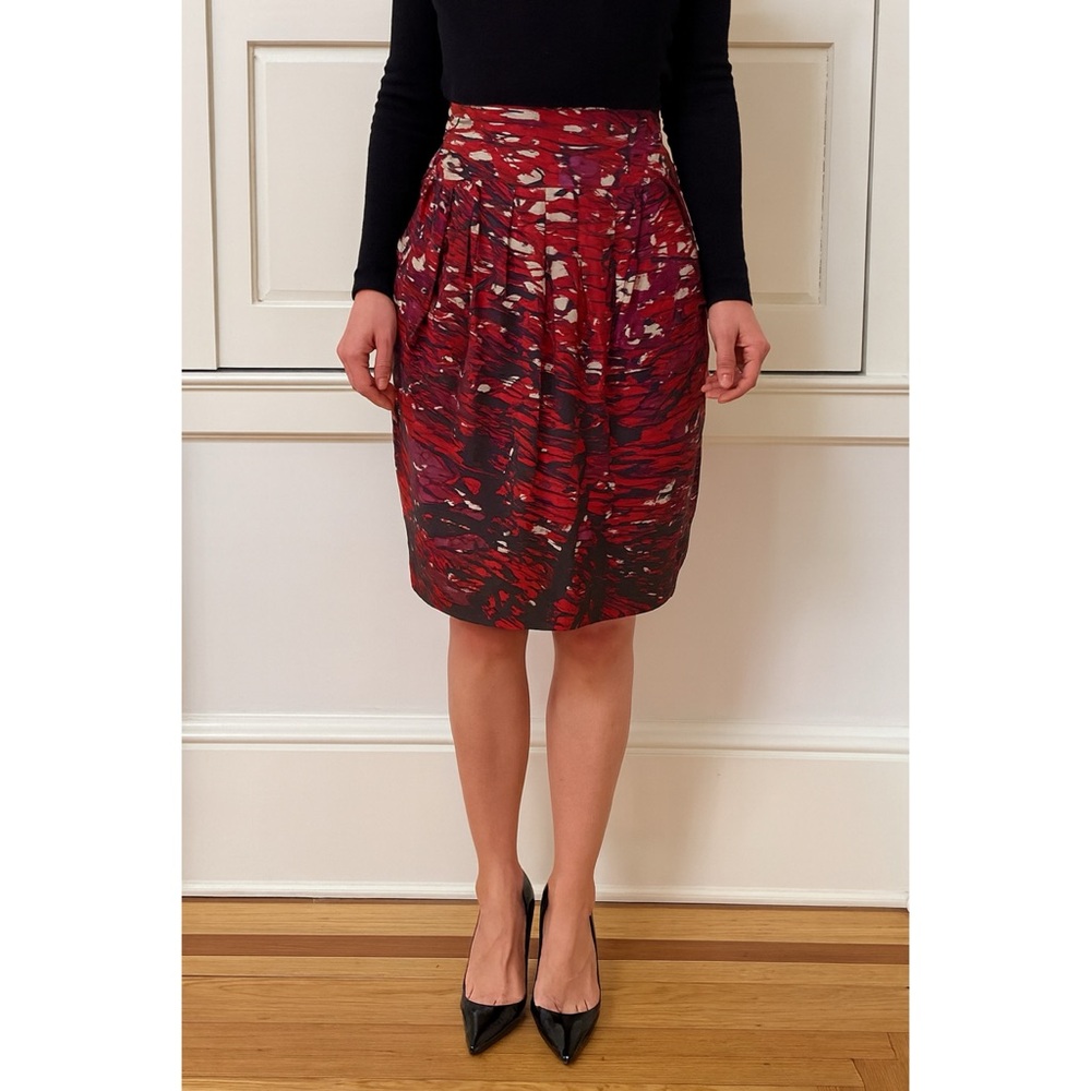 BCBGMAXAZRIA Womens Silk Skirt Red Black Watercolor Print Pleated Sz 2